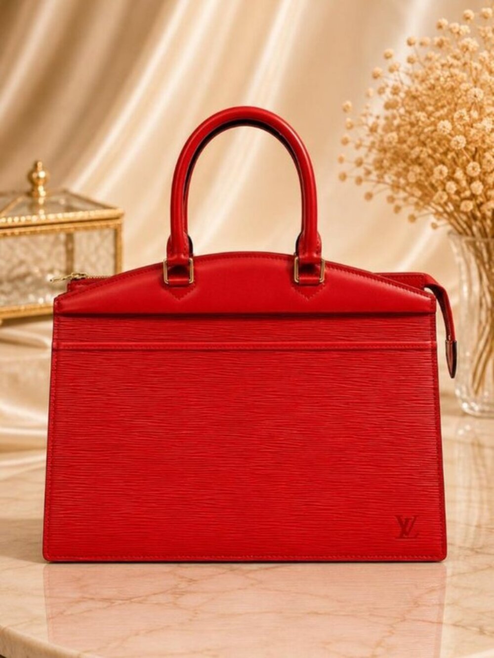Authentic Louis Vuitton Riviera Red Epi Leather Handbag Top Handle Satchel Bag